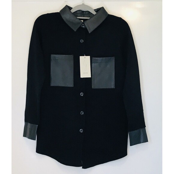 Joie Button-Up Collared Jacket Black Faux Leather Accents Classic Womens Size XS - Picture 1 of 7
